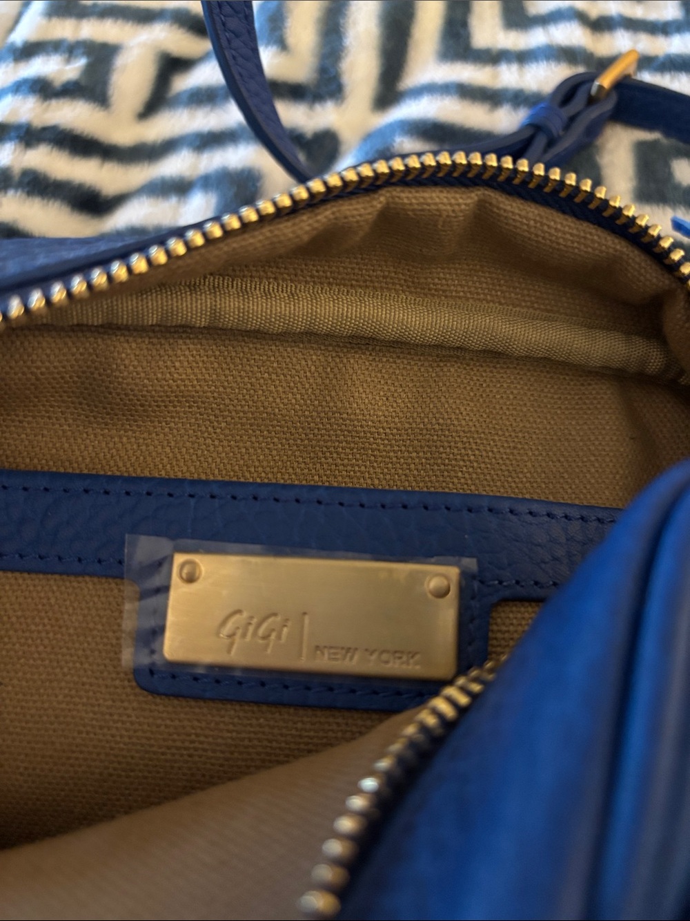 GiGi New York Royal Blue Pebbled Leather Crossbody with Gold Monogram - Picture 2 of 4